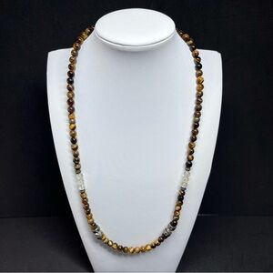 Natural Tiger's Eye Quartz Clear Crystal Beaded Necklace 22"